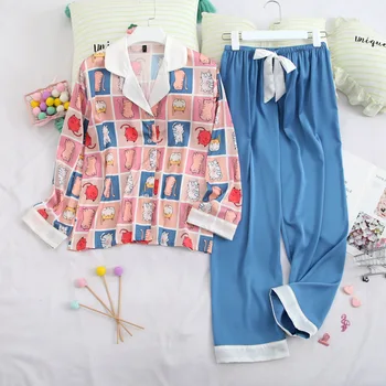 

Lisacmvpnel Plaid Cartoon Cat Women's Long Sleeve Suit Pajamas Sexy Loose Pajama Set Satin Chiffon Soft Touch Pyjamas