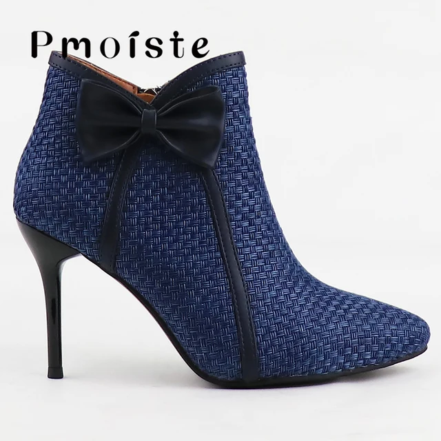 Women Ankle Boots 2021 New Fashion Woven Bow Ladies Shoes Thin High Heels Female Spring Autumn Zipper Blue Black Gray blue