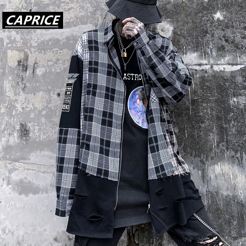 man Distressed Destroyed Holes Color Block Patchwork Pocket Long Sleeve Zipper Plaid Shirt Hip Hop Streetwear Dress Shirts tops