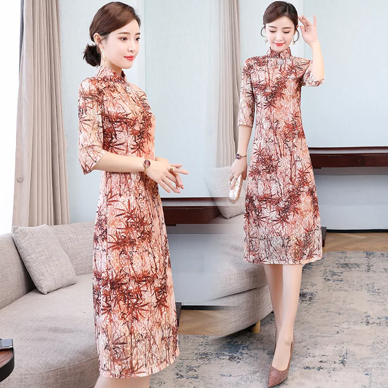

2020 Spring And Summer New Style Fresh Chinese-style Improved Cheongsam Lace Printed Loose-Fit A- line Dress