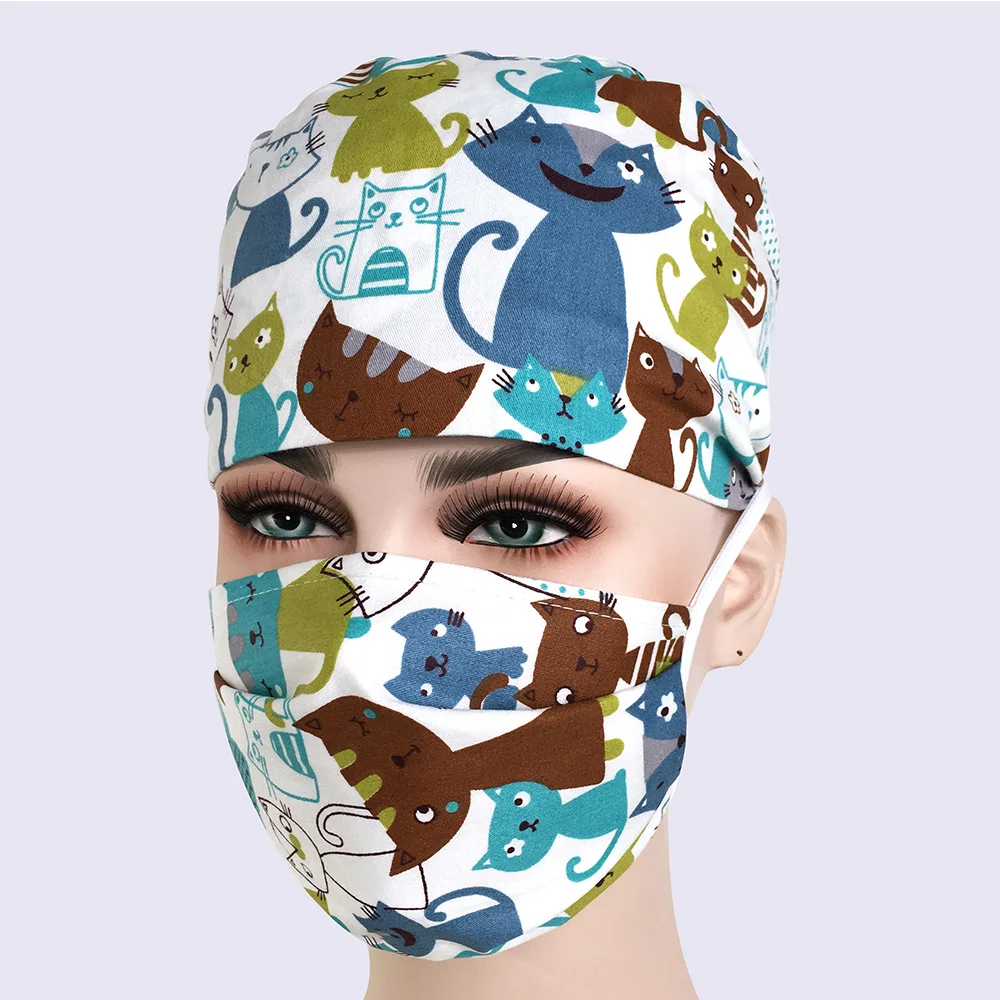 Женские скрабы, маски, регулируемые медицинские аксессуары, Хирургические колпачки, хлопок, для лица, для врача, медсестры, рабочие скрабы, шапки, маски - Цвет: hat mask
