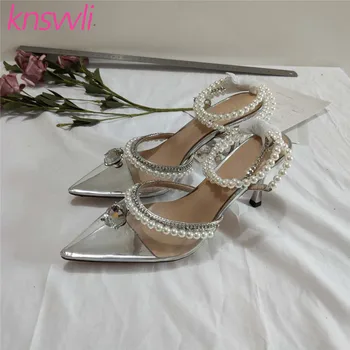 

Pearl Chain Buckle High Heels Woman Pumps Clear PVC Slingbacks Rhinestone Studded Heel Women Sandals Summer Prom Party Shoes