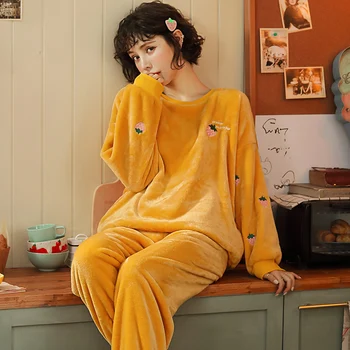 

korean winter Women Pyjamas Thicken Flannel Pajama Sets Print Thick Warm Love Pijama mujer Girl Nightgown Long Pant Sleepwear