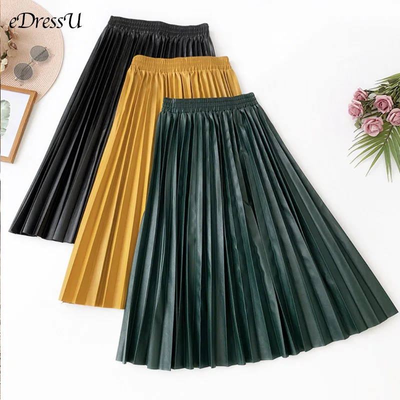 

PU Leather Skirt NEW Pleated Skirt Winter Spring Faux Leather Skirt Vintage Bottom Midi Long Skirt Office Daily Streetwear JET-2