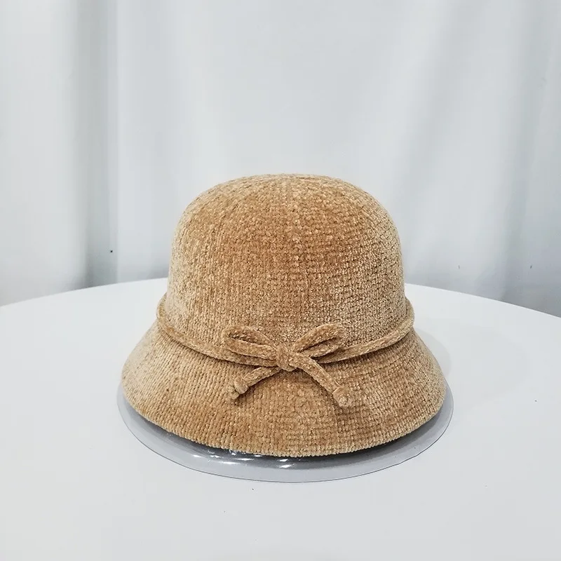 

Hat Women's Autumn And Winter Hat Japanese-style Warm Bucket Hat Foldable Solid Color Bow Bucket Hat Chenille Bowler Hat