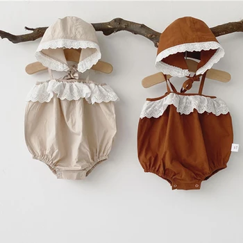 

2020 New Summer One Piece Newborn Jumpsuit Baby Girl Clothing Suit Lace Suspender Romper+Hat Toddler Girl Sleeveless Romper