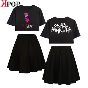 

Joker smile print sexy Fashion Two Piece set Skirts Short Sleeve+Short Skirt Casual Streetwear cool Summer Women Sets Navel