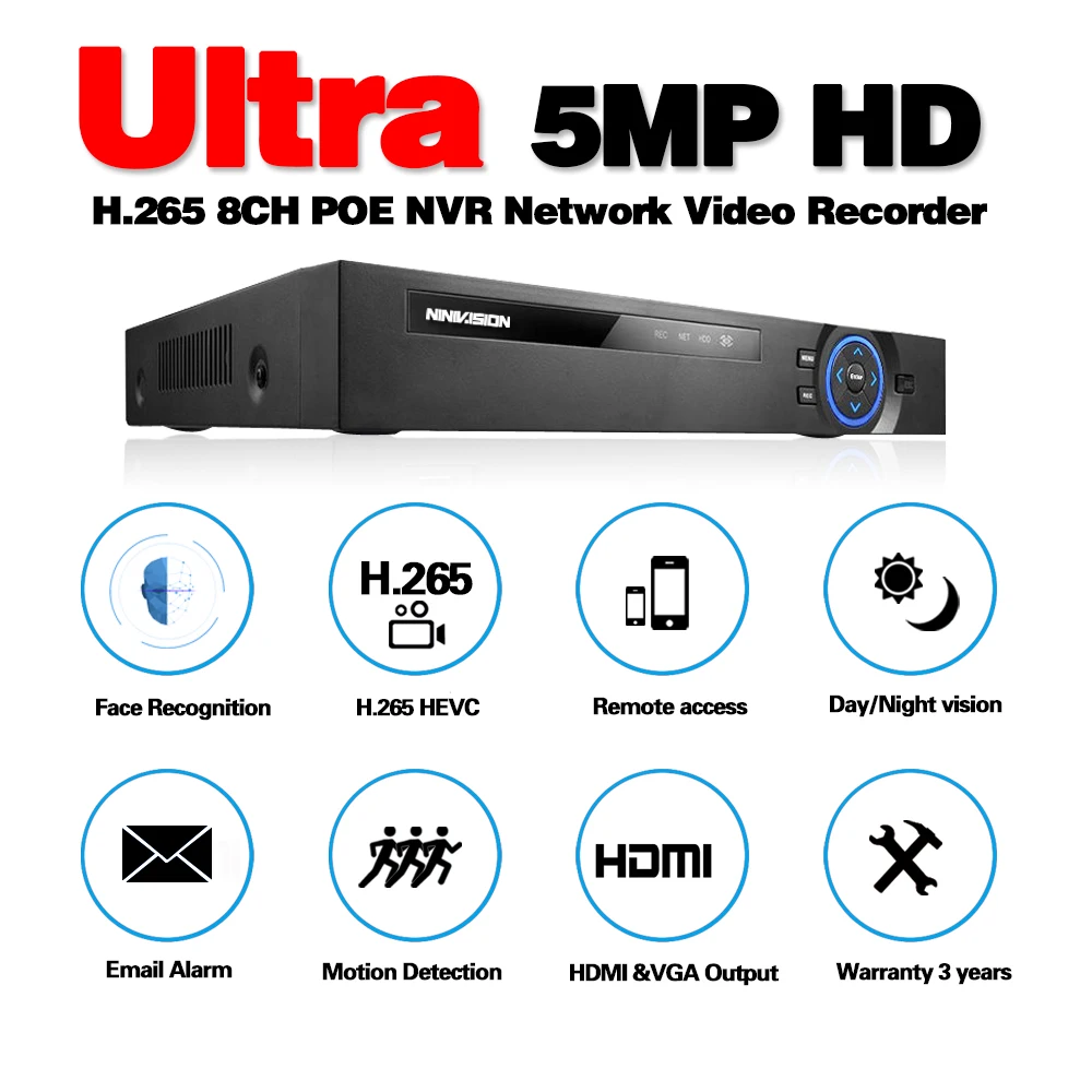  NINIVISION H.265 4CH 8CH 4MP 5MP PoE NVR For POE IP Camera system Surveillance H.265 48V 802.3af ON - 4.00048E+12