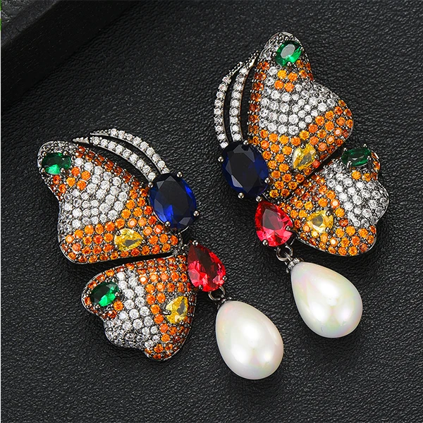 GODKI новые винтажные серьги с бабочкой Роскошные богемные серьги с имитацией жемчуга для женщин Свадебные модные ювелирные изделия - Окраска металла: Orange