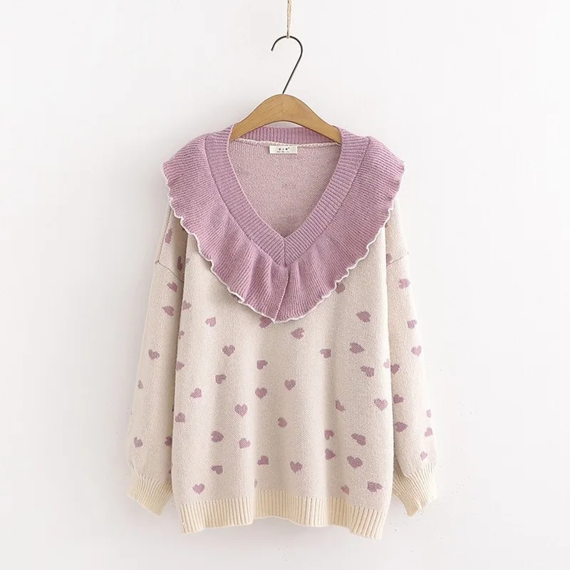 Pink sweater Корейский Для женщин вязаный зимний свитер с милыми сердечками и толстые теплые Femme тянуть Винтаж с оборками розового свитера с круглым вырезом Женская шерстяная вязаная одежда, пуловер - Цвет: Pink sweater