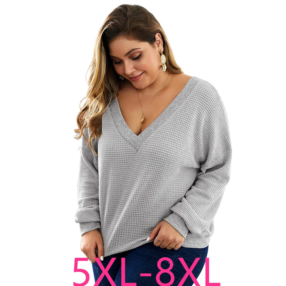 Осень зима размера плюс Топы для женщин вязанная рубашка с длинным рукавом свободный свитер с v-образным вырезом Большой размер пуловер серый 5XL 6XL 7XL 8XL