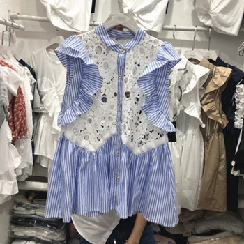 

SONDR Hollow Out Striped Shirt For Women O Neck Sleeveless Patchwork Ruffle Hit Color Blouse Top Female Sweet Fashion New