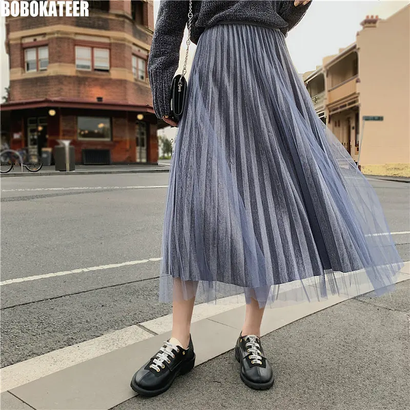 

BOBOKATEER Fashion Tulle Pleated Skirt Women Black Skirts Womens High Waist Kawaii Pink Midi Long Skirt Female Spring 2020