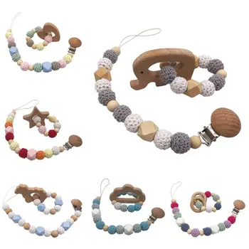 

2 Pcs/set Infant Teether Bracelet Baby Silicone Wool Beads Toy Newborn Cartoon Pacifier Chain Molar Toys Pacifier Chain Set