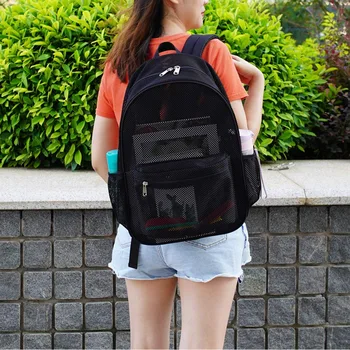 

ABDB-Heavy Duty Mesh Backpack See Through Student Backpack Shoulder Schoolbag for Commuting Swimming Travel Beach Outdoor Sports