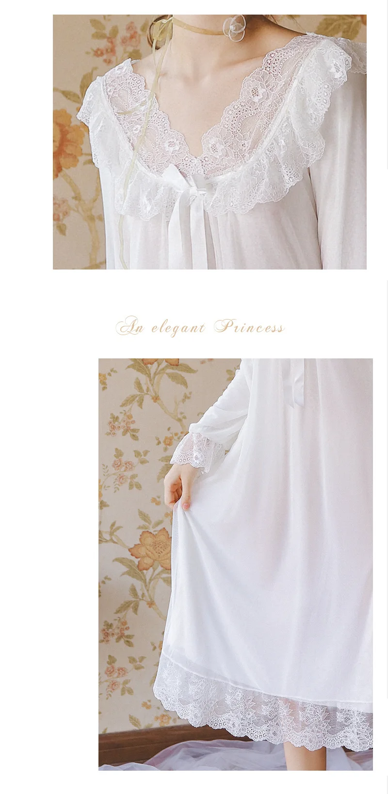 Ночная рубашка принцессы для женщин Весна и осень с длинным рукавом размера плюс кружевная ночная рубашка элегантное Романтическое Платье с v-образным вырезом сексуальная ночная рубашка