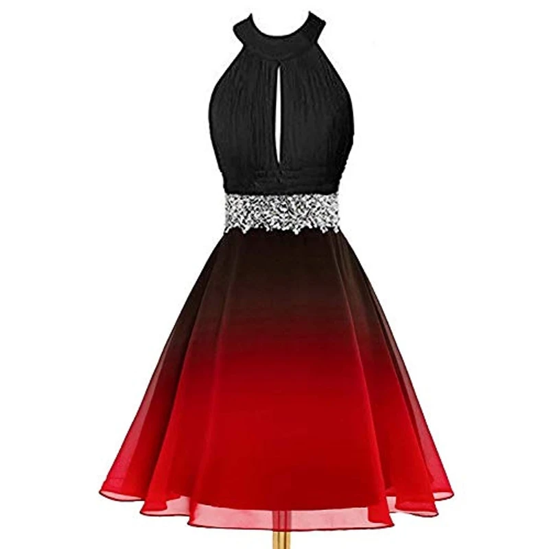 

Halter Neck Short Prom Dresses Beaded Waist Chiffon Evening Gowns A Line Robe De Soiree