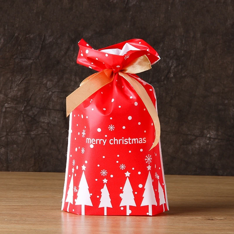 50/100p 23x15 см Рождественская пластиковая сумка на шнурке для конфет и печенья закуски день рождения Свадебный декор Подарочная сумка новогодние подарки - Цвет: Red-snow