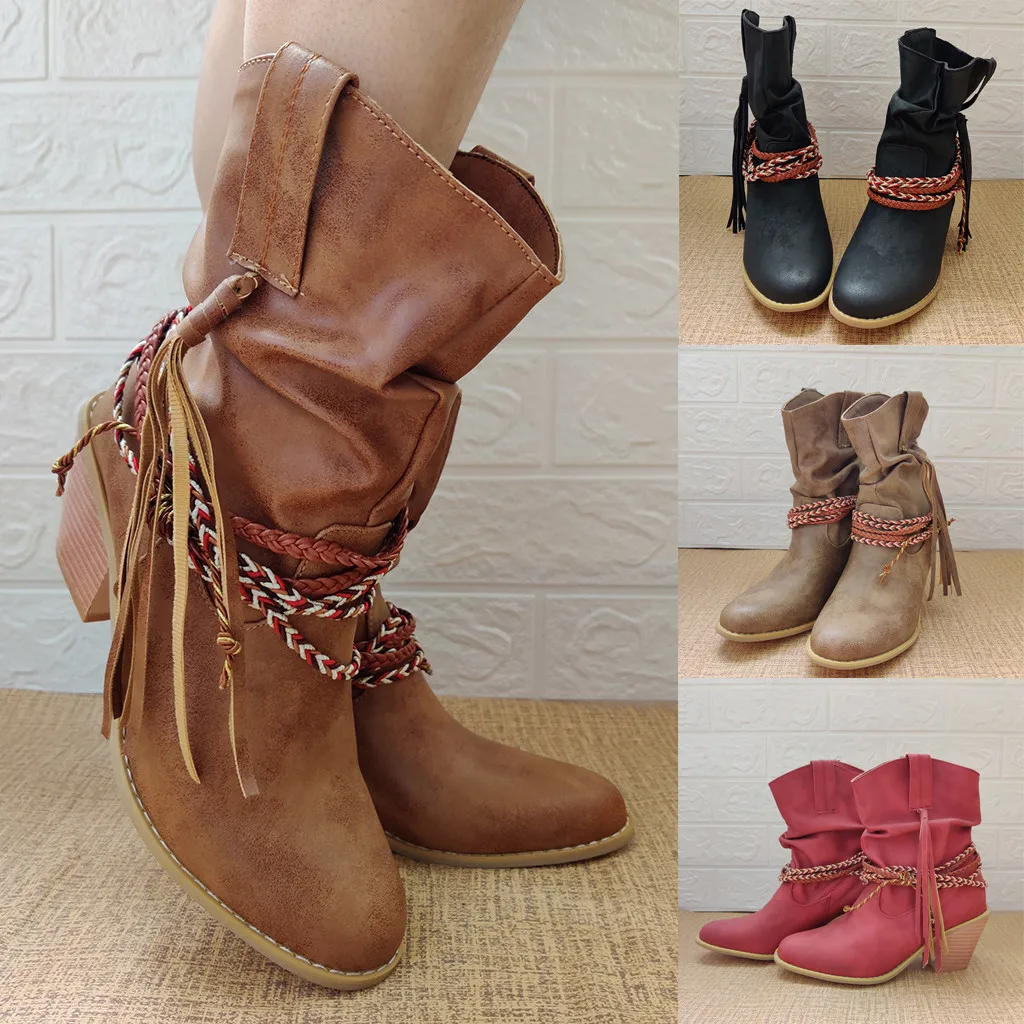 Gladiator Women's Rome Motorcycle Boots Winter Wide Calf Leather Short Boot Vintage Female Western High Heel Cowboy Shoes Tassel