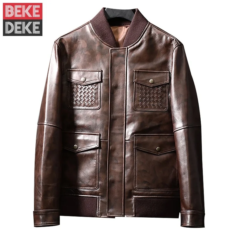 

Мужская приталенная куртка из натуральной кожи, коричневая Повседневная винтажная куртка из оленьей кожи с воротником-стойкой, верхняя одежда для осени, 2019