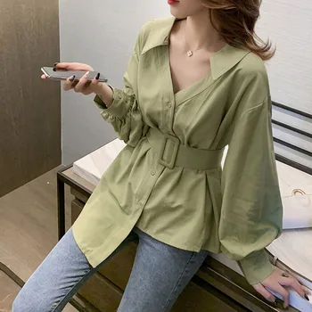 

Women Blouse 2020 Spring Long Sleeve Korean Fashion V-neck High Waist Belted Irregular Ladies Chic Shirts Preppy Style 3 Colors