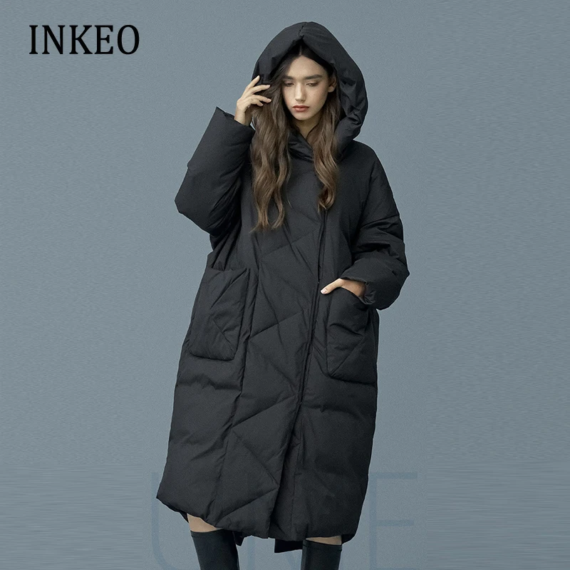 long duvet coat M - 3XL Women's down jacket Winter Overszied Black Thick warm Female Hooded Long Puffer coat Parkas Casual Lady New INKEO 1O236 long black puffer