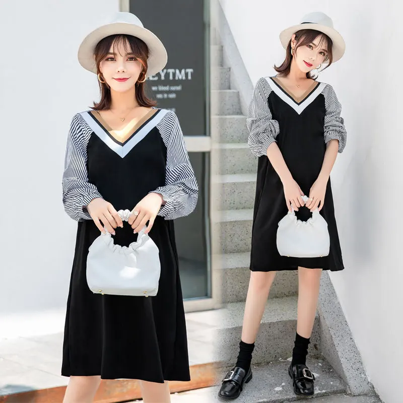 

V-neck Maternity Dresses For Pregnant Women Clothes Casual Stitch Long Sleeve Pregnancy Dress Vestidos Maternity Clothing