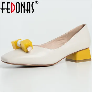 

FEDONAS Elegant Sweet Square Toe Shoes For Girls Genuine Leather High Heels Pumps Summer Party Office Lady Shoes Woman Heels