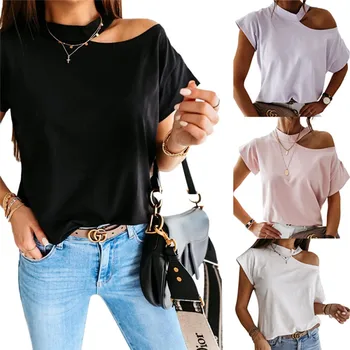 

Casual Tee Top Ladies Short Sleeve T Shirt Bare Shoulder T-shirt Woman Simple T-shirt Basic Style T-shirts For Women Harajuku