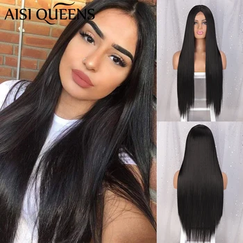 

AISI QUEENS Long Straight Synthetic Wigs for Women Ombre Black Dark Brown Red Wig Partly Lace Wig Natural Middle Part Wig
