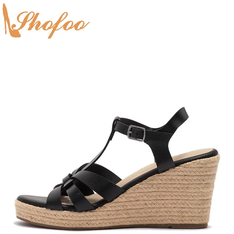 

Black Platform Women's Sandals High Wedge Heels Gladiator Rome Ladies Fashion Party Ankle T-Strap Shoes Large Size 13 16 Shofoo