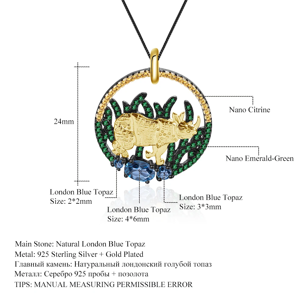 GEM'S балет Золотой носорог кулон ожерелье натуральный Лондон Голубой топаз 925 пробы серебро ручной работы для женщин ювелирные изделия