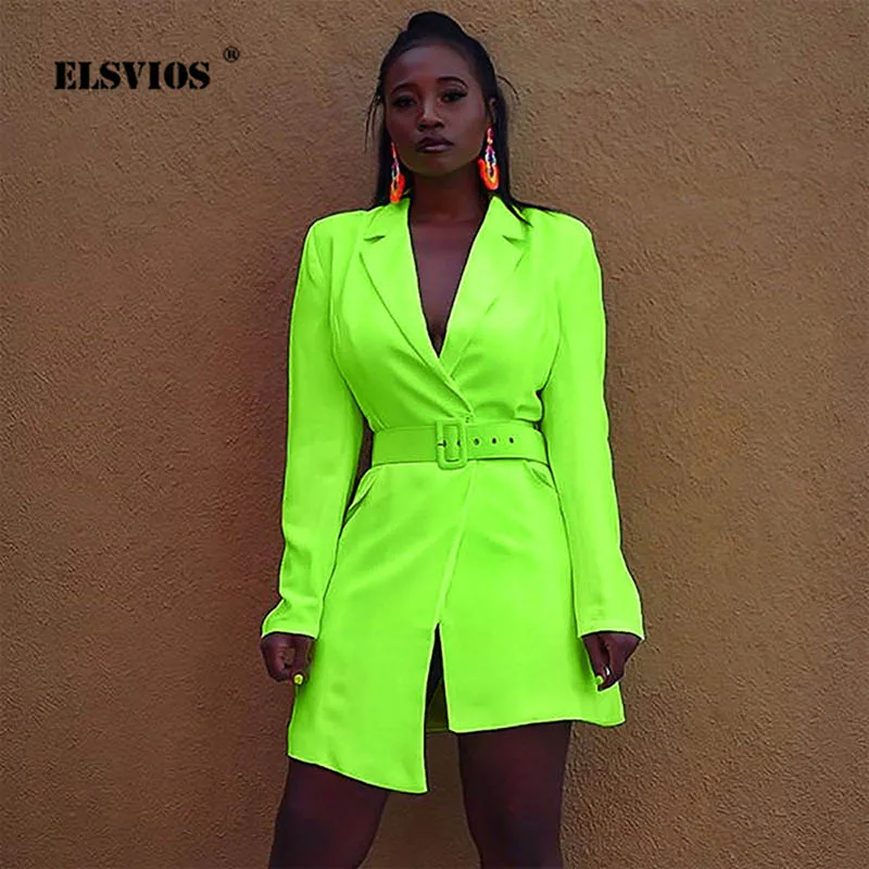 

ELSVIOS Women Notch Lapel Fluorescence Color coat Ladies Autumn long Sleeve Irregular Jacket Elegant fashion outwear with belt
