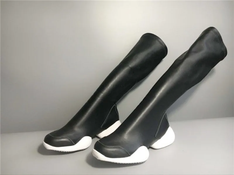 Personality Unisex Thick Bottom Stretch Mid Calf Knight Boots Spring Autumn New Brand Round Toe Slip On Increase Cow Suede Boots