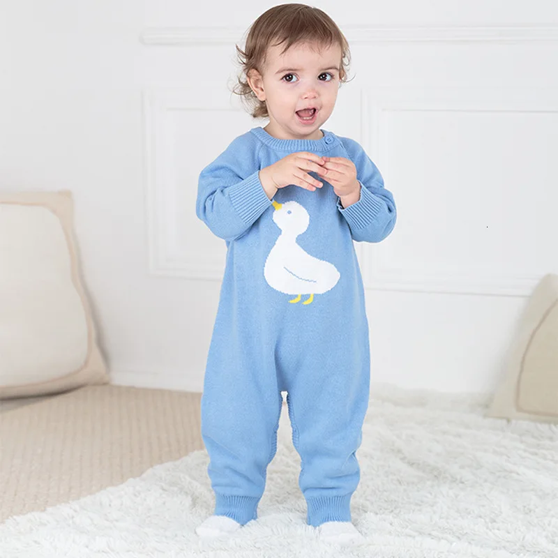 

0-3 Months Autumn And Winter Baby Girl Duckling Cartoon Long Sleeve Pure Cotton Knitting Comfortable Romper Round Neck Clothes