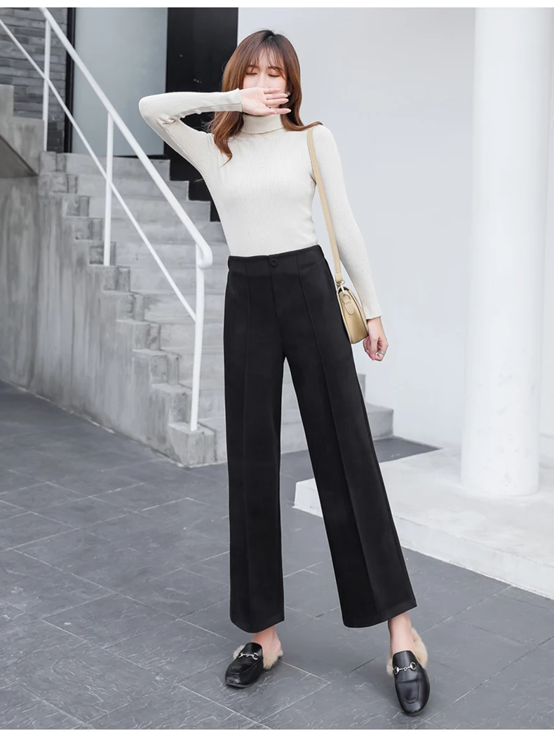 Ankle-Length Women Woolen Pants Wide Leg Pant 2019 New Fashion Autumn Winter Wear High Waist Loose Female Black Beige Trousers (1)