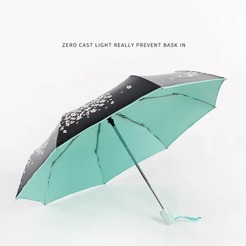 

New Style Cherry Black Coating Sunscreen Sunny Umbrella Rain Woman Three Folding Female Automatic Princess Umbrella