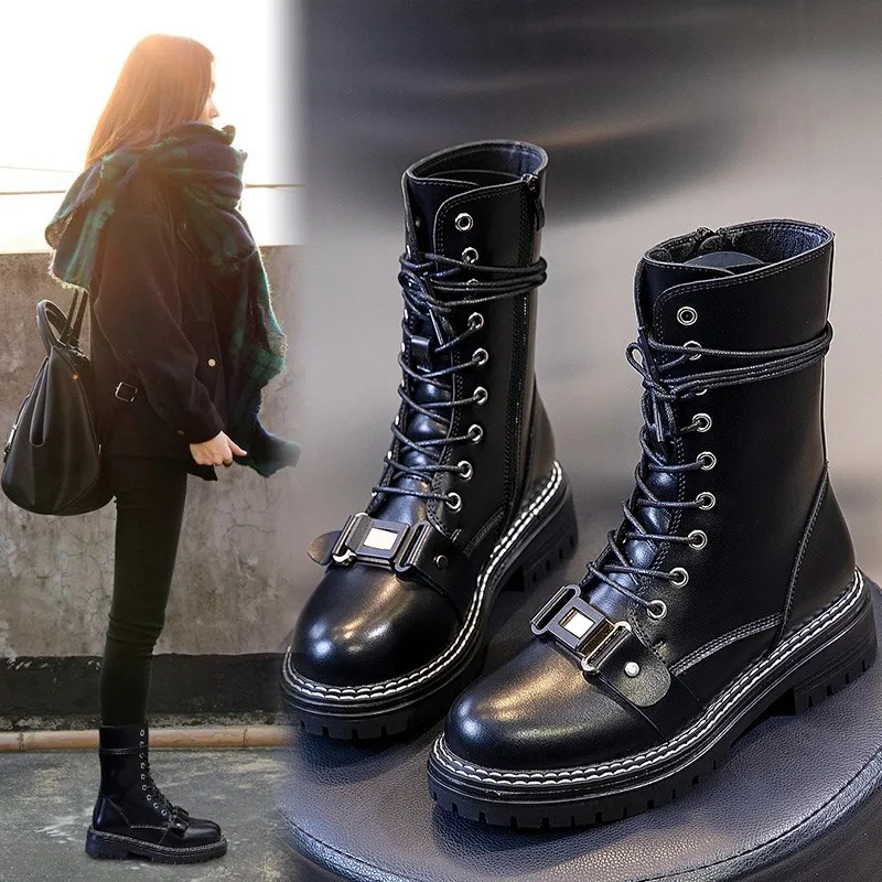 

Womens Round Toe Ankle Martin Boots PU Leather Lace Up Belt Buckle Punk Motorcycle Warm Winter Med Heel Shoes Black New Arrival