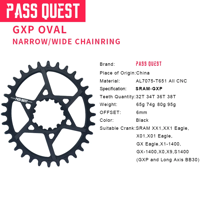 PASS QUEST GXP MTB Chainring 32T-38T 6mm Offset Narrow Wide Mountain Bike Chainwheel for Sram GX XX1 eagle X01 X9 Bicycle crank
