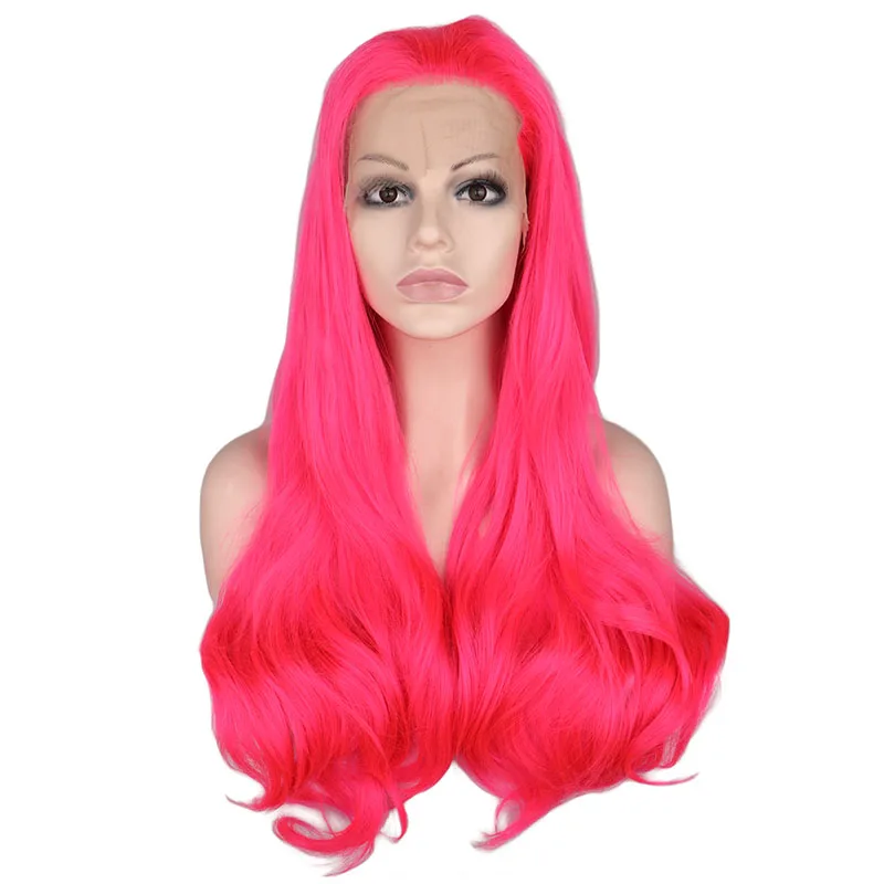 

QQXCAIW Synthetic Lace Front Wig Women Rose Pink Glueless Long Natural Wavy Free Part High Temperature Fiber Wigs