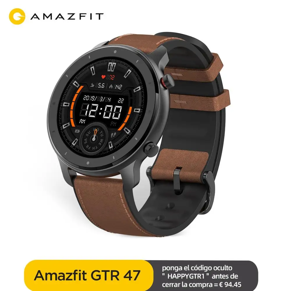  Глобальная версия Amazfit GTR 47 мм умные часы, 5ATM водонепроницаемые умные часы, 24-дневная батарея, GPS, управление музыкой, кожаный силиконовы…