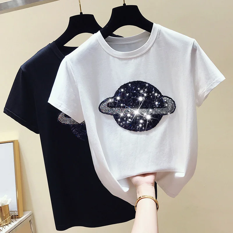 Print Sequin Cotton Women's White T-shirt Loose Short Sleeve Female Black T-shirts 2021 Summer Casual Fashion Tee Shirt Lady Top | Женская