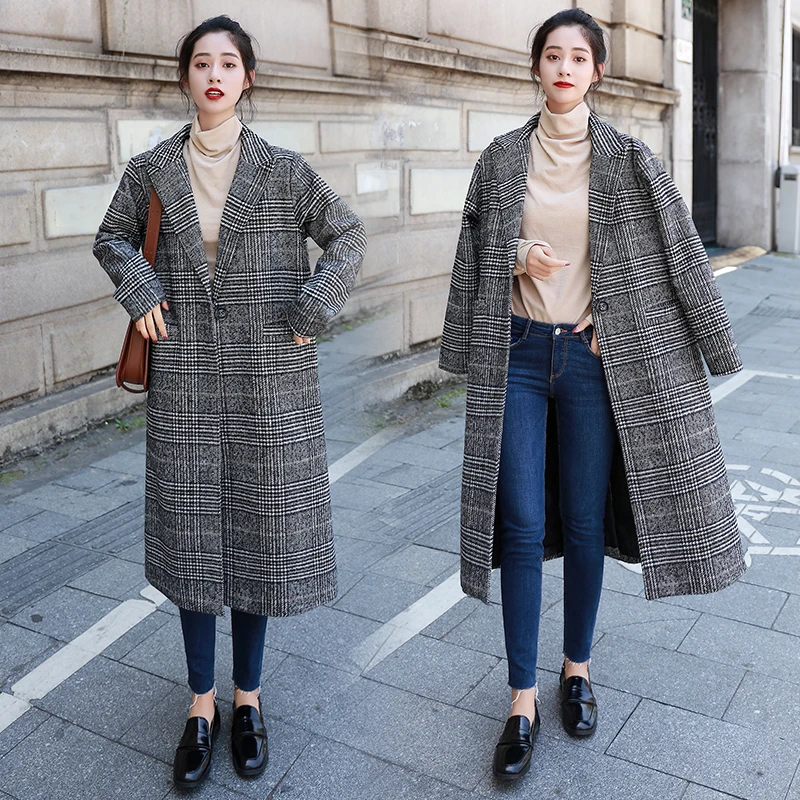 

Women Wool Coat Plaid Loose Long Single Breasted Woolen Spring Overcoat Autumn Jackets