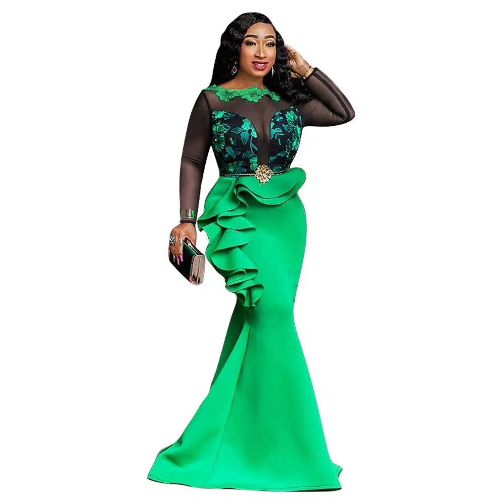 Cena Ubranie afrykańskie Plus rozmiar Bodycon Party sukienka syrenka seksowna przezroczysta siateczka Ruffles kobieta wieczór weselny Maxi sukienka trąbka