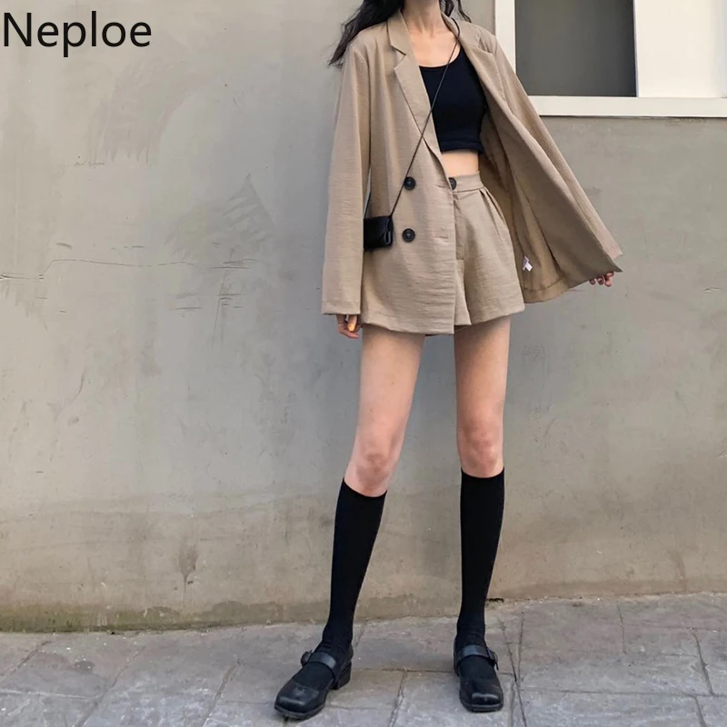 Neploe, осенний комплект из двух предметов, средней длины, однотонный, на пуговицах, Блейзер, Повседневный, высокая талия, короткий, офисный стиль, Conjuntos De Muje 45941
