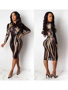 

High Quality Celebrity Long Sleeve Sequined Dress Cocktail Party Elegant Dress