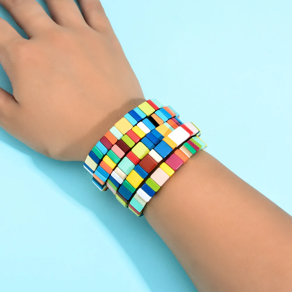

Trendy 5pc/set Enamel Gold Rainbow Stackable Bracelet Set Handmade Bohemian Bracelets Bangles Tile Cuff Bangles Set Drop ship