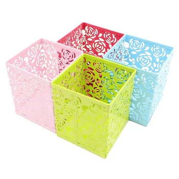 

1Pc Creative Office Supplies Pencil Pen Pot Holder Stationery Container 4 Colors Hollowed Out Iron Rose Flower Round Pen Holders
