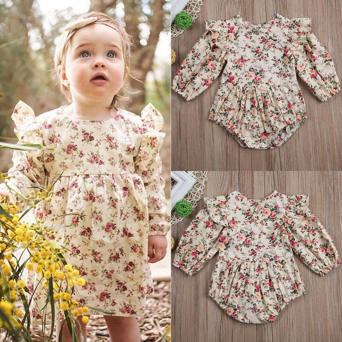 Baby Girl Flower Romper Girls Vintage Long Sleeve Neborn Rompers Infant  Jumpsuit Spring Autumn Kids Clothing Baby Clothing Bamboo fiber children's clothes