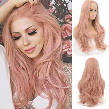 

RONGDUOY Pink Wigs Long Wave Synthetic Lace Front Wig for Women Heat Resistant Natural Hairline Middle Part Hair Woman Wigs